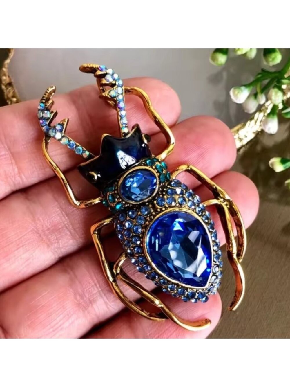 Vintage Gold Beetle Blue Crystal Brooch
